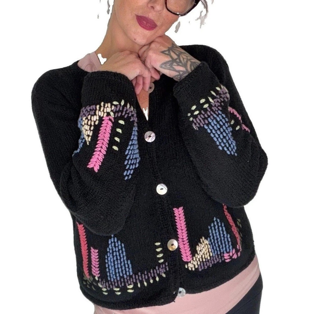 M. Gibson Cropped Embroidered Cardigan Black Mother Pearl Button 100% Cotton M